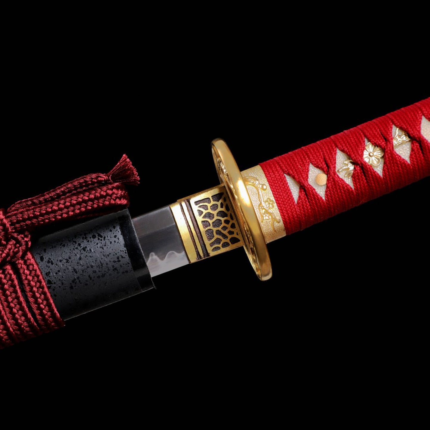 Hand-Forged Clay Tempered T10 Steel Katana with Red Tsuka and Floral Tsuba
