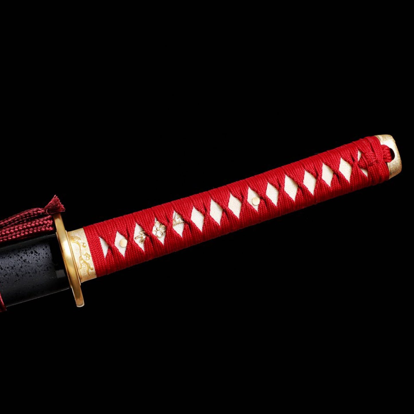 Hand-Forged Clay Tempered T10 Steel Katana with Red Tsuka and Floral Tsuba