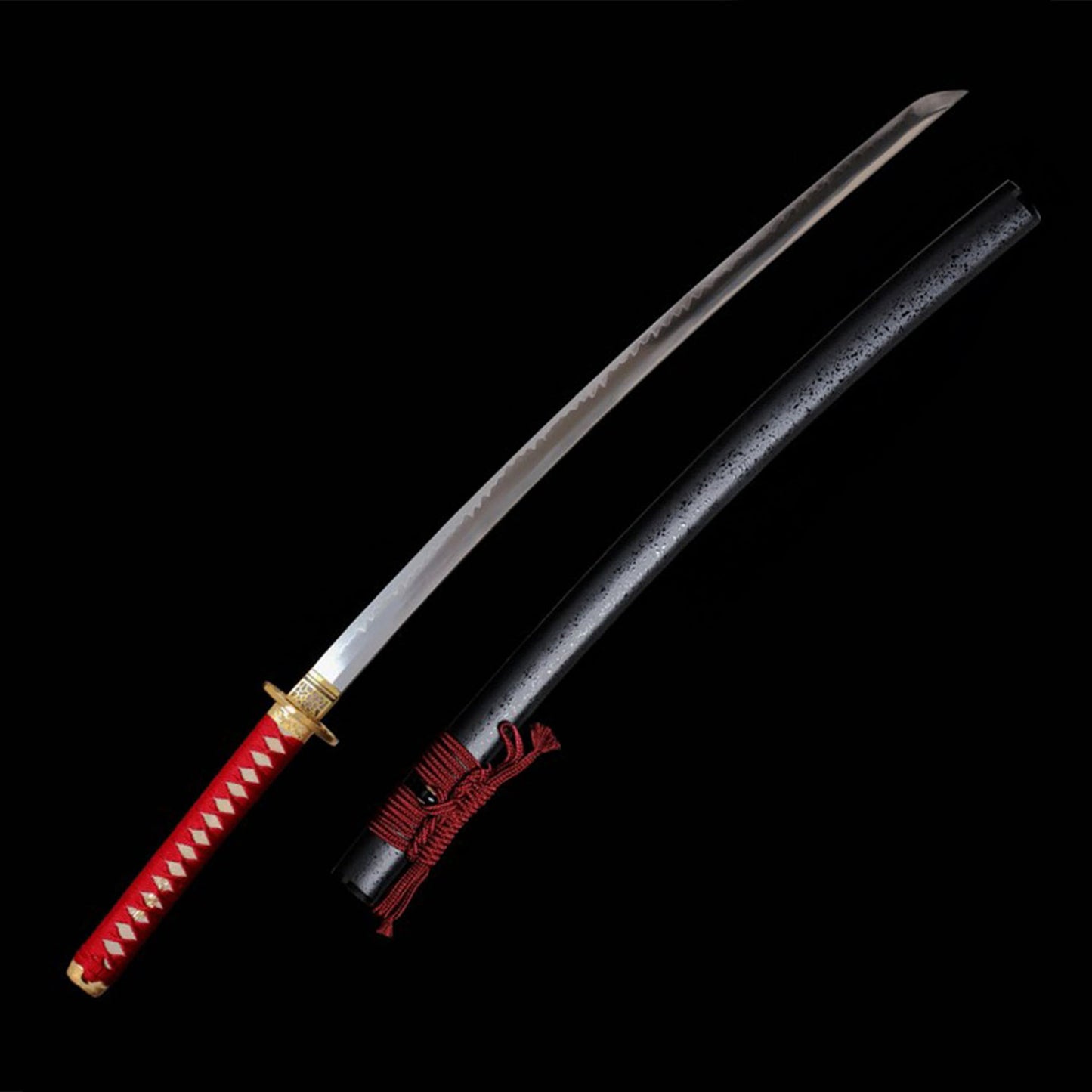 Hand-Forged Clay Tempered T10 Steel Katana with Red Tsuka and Floral Tsuba